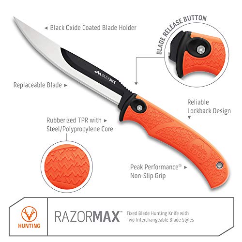 OUTDOOR EDGE RazorMax - Replaceable Fixed Blade Hunting Knife with 3.5" Drop-Point, 5" Boning/Fillet Blades, Belt Sheath and Detachable Blade Carrier