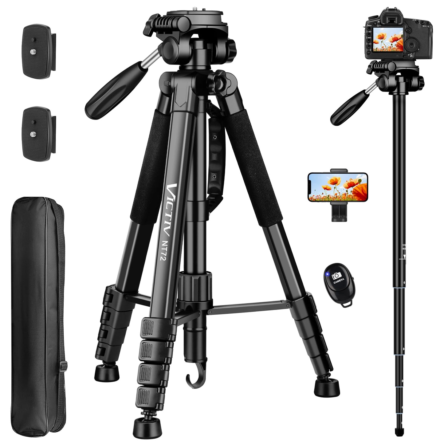 Tripod for Camera, 72" Tall Camera Tripod with Remote, Compact Camera Stand Tripod for Phone, Lightweight DSLR Tripod& Monopod, Professional Heavy Duty Tripod for Spotting Scope, Telescope, Binocular