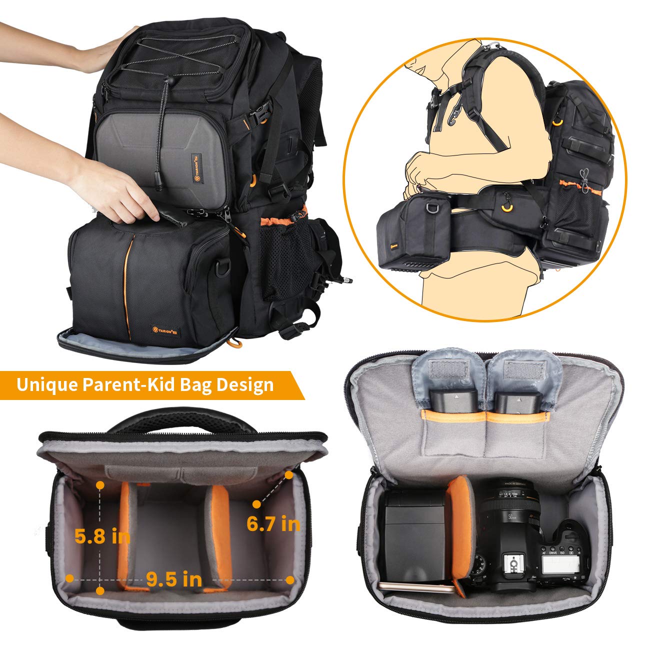 TARION Pro 2 Bags in 1 Camera Backpack Large with 15.6" Laptop Compartment Waterproof Rain Cover Extra Large Travel Hiking Camera Backpack DSLR Bag