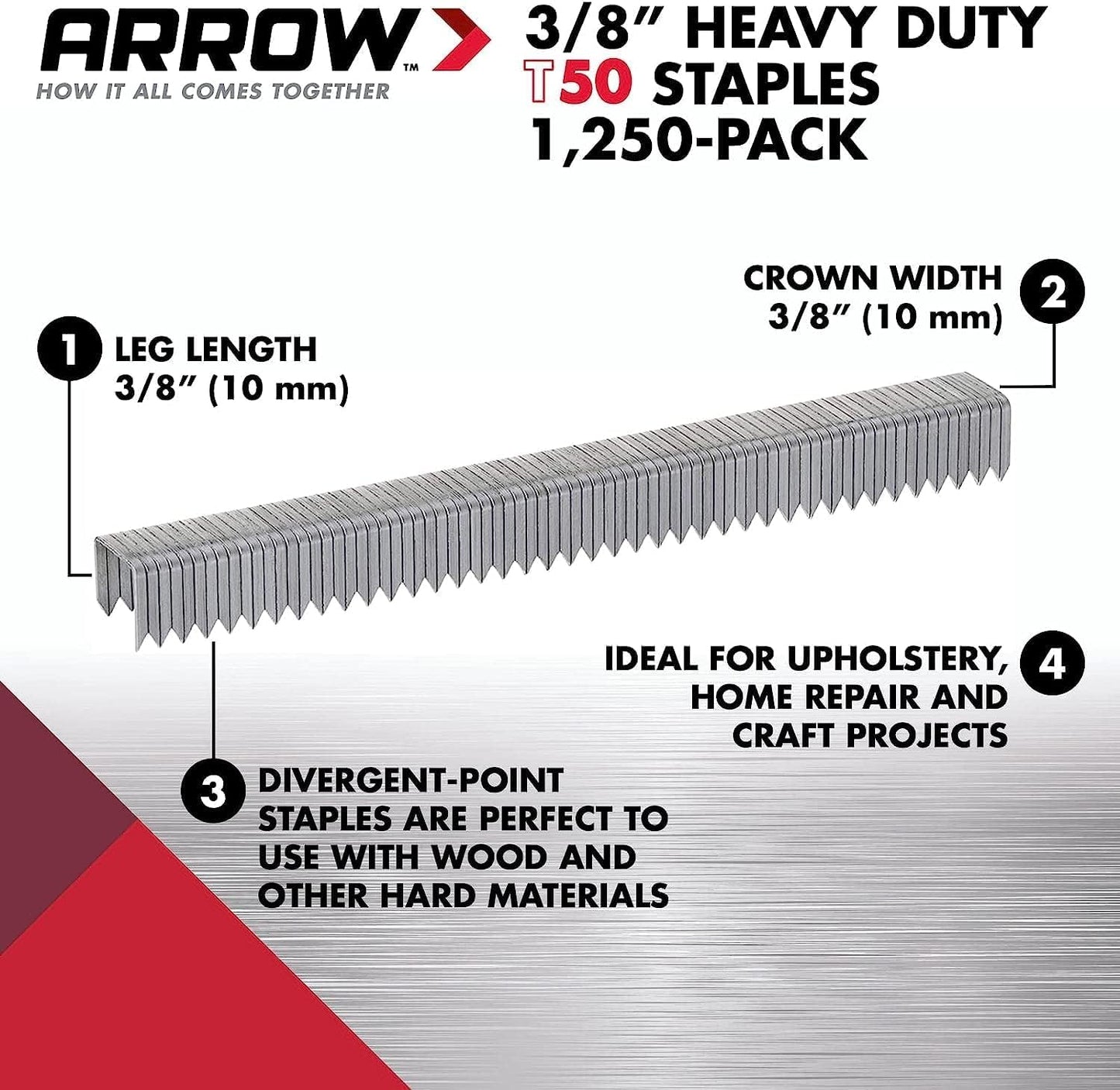 Arrow 506 Heavy Duty T50 3/8-Inch Leg Length, 3/8-Inch Crown, Staples for Upholstery, Construction, Furniture, Crafts, 1250-Pack