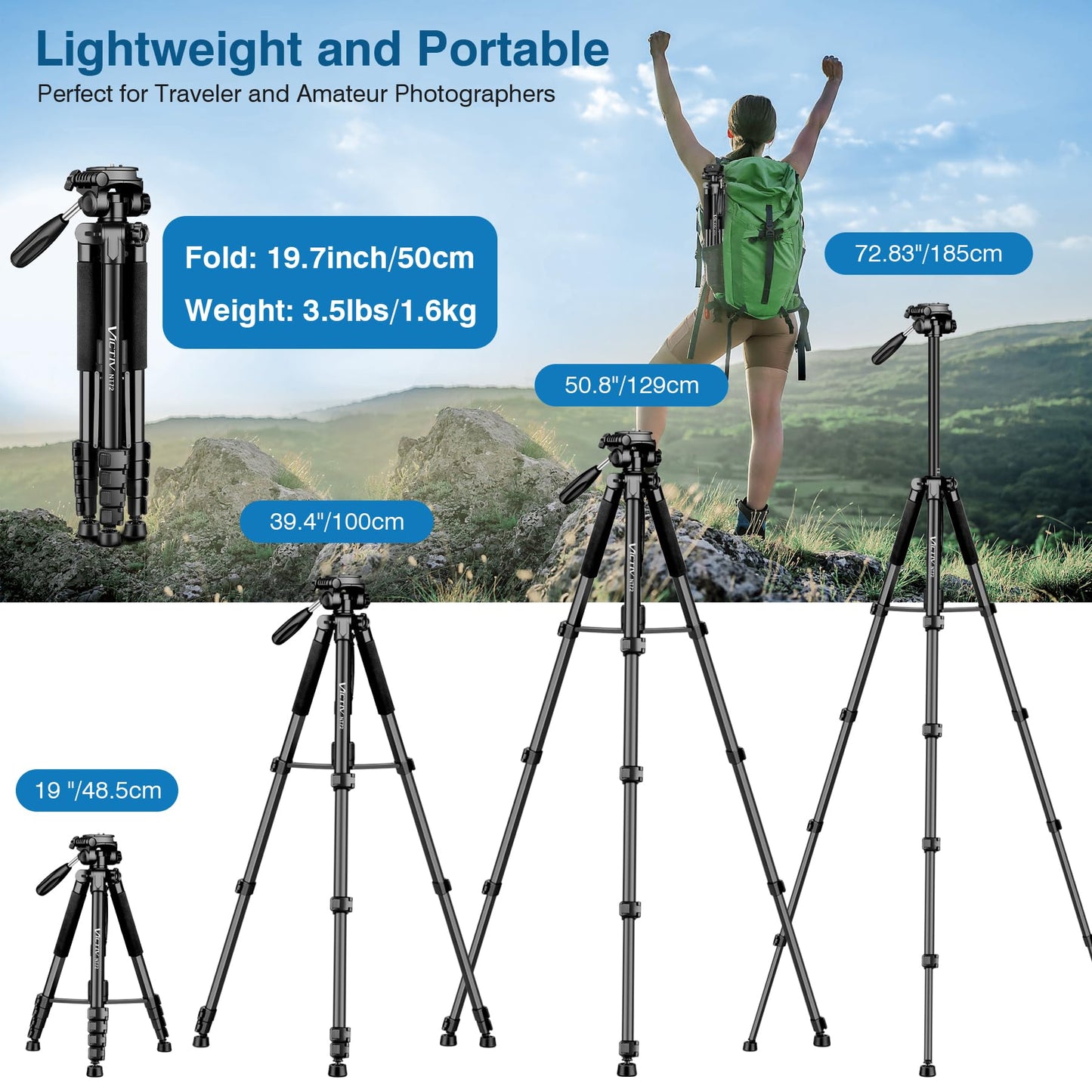 Tripod for Camera, 72" Tall Camera Tripod with Remote, Compact Camera Stand Tripod for Phone, Lightweight DSLR Tripod& Monopod, Professional Heavy Duty Tripod for Spotting Scope, Telescope, Binocular