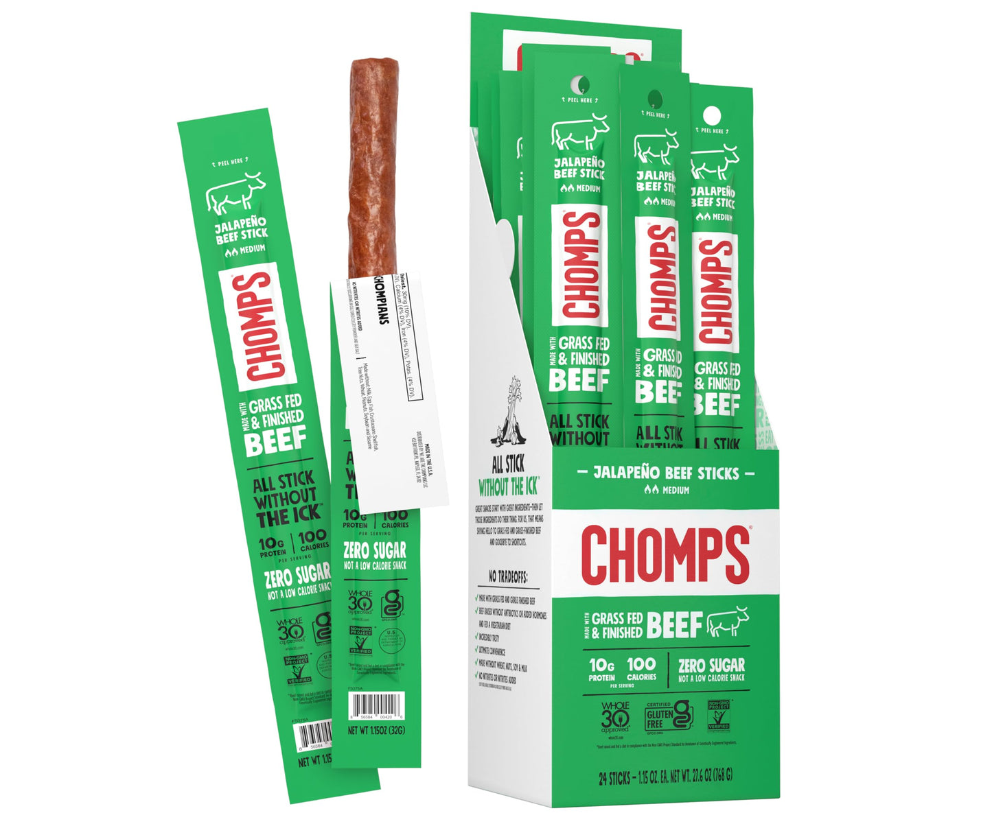 Chomps Grass-Fed and Finished Jalapeño Beef Jerky Snack Sticks 24-Pack