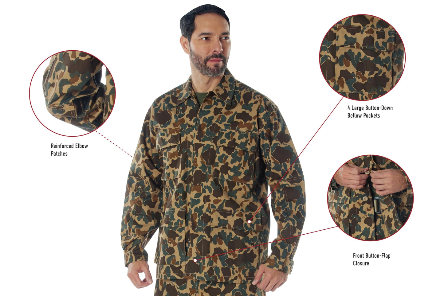 Rothco X Bear Archery Fred Bear Camo BDU Shirt – Long Sleeve Hunting Shirt – Utility Pockets for Bowhunting Gear - Small