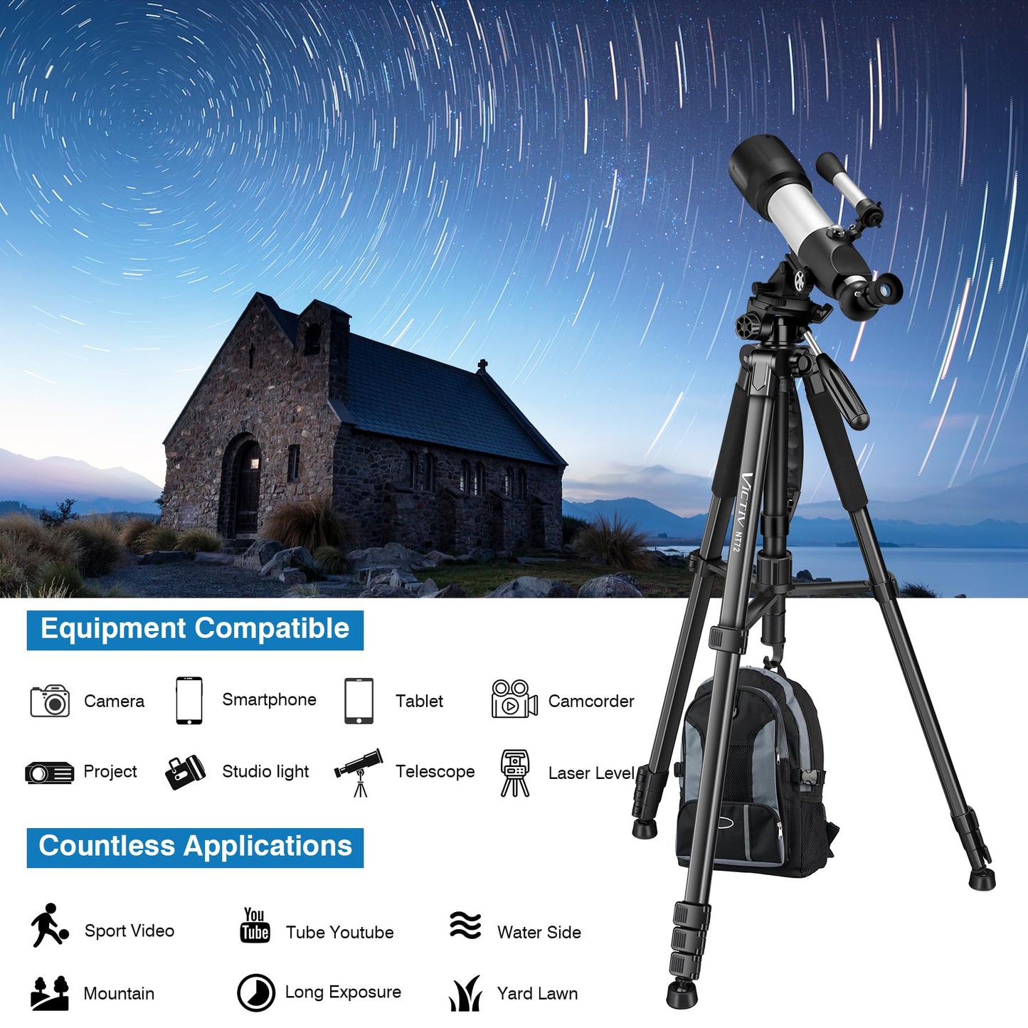 Tripod for Camera, 72" Tall Camera Tripod with Remote, Compact Camera Stand Tripod for Phone, Lightweight DSLR Tripod& Monopod, Professional Heavy Duty Tripod for Spotting Scope, Telescope, Binocular